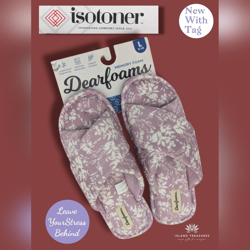 NWT Dearfoams Size L 9-10 Purple Floral Plush Memory Foam Slipper Indoor|Outdoor